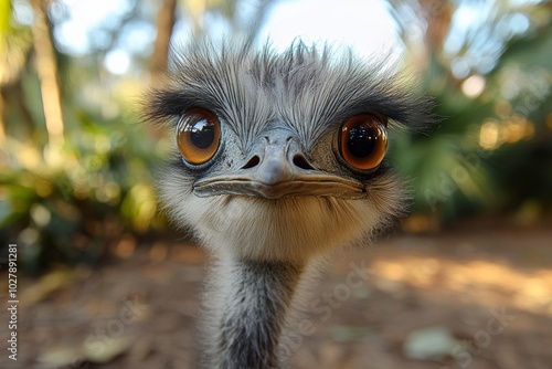 Baby ostrich with its head turned to the side. The bird has a curious look on its face. Selfie of a ostrich animal bird wildlife. photo