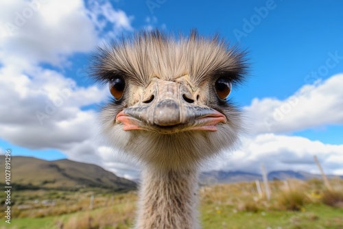 Baby ostrich with its head turned to the side. The bird has a curious look on its face. Selfie of a ostrich animal bird wildlife. photo