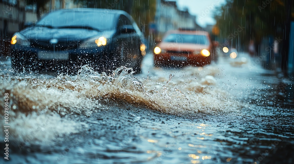 Fototapeta premium A rainy day scene with cars driving through flooded streets, splashing water in urban surroundings under cloudy skies.