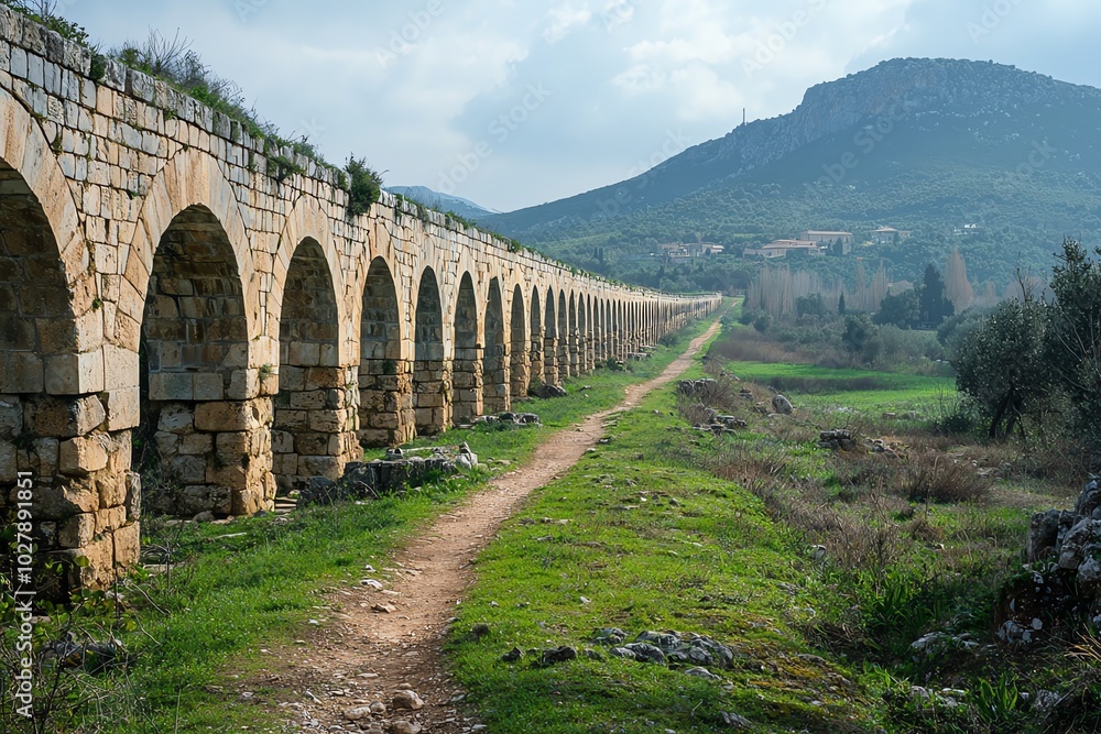 A scenic view of an ancient stone aqueduct surrounded by greenery, leading towards a distant mountain under a cloudy sky. A scenic view of an ancient stone aqueduct surrounded by greenery, leading towards a distant mountain under a cloudy sky.