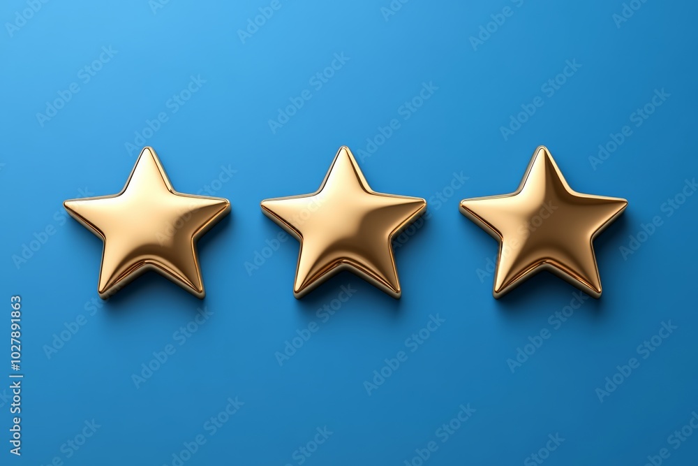 Three gold stars are placed on a blue background. Rating slider bar with five star rating of best ranking and customer feedback ratings and user experience evaluation with excellent stars Three gold stars are placed on a blue background. Rating slider bar with five star rating of best ranking and customer feedback ratings and user experience evaluation with excellent stars