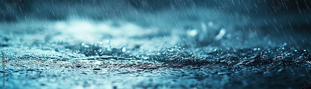 A serene close-up view of raindrops falling on a surface, creating ripples and reflections in a calming blue ambiance. A serene close-up view of raindrops falling on a surface, creating ripples and reflections in a calming blue ambiance.