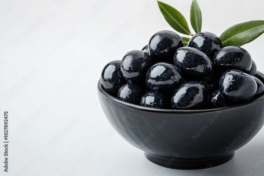 Black olives in a black bowl accompanied by olive leaves Black olives in a black bowl accompanied by olive leaves