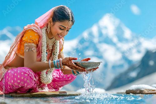 Indian woman in traditional attire near mountain stream photo