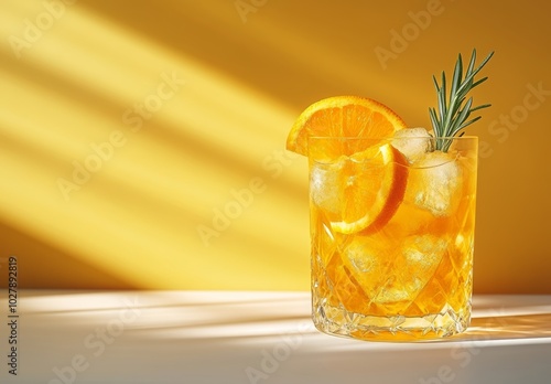 Freshly prepared orange cocktail with rosemary garnish on a minimalist pastel background, perfect for summer drink recipes or restaurant menu promotions Generative AI photo