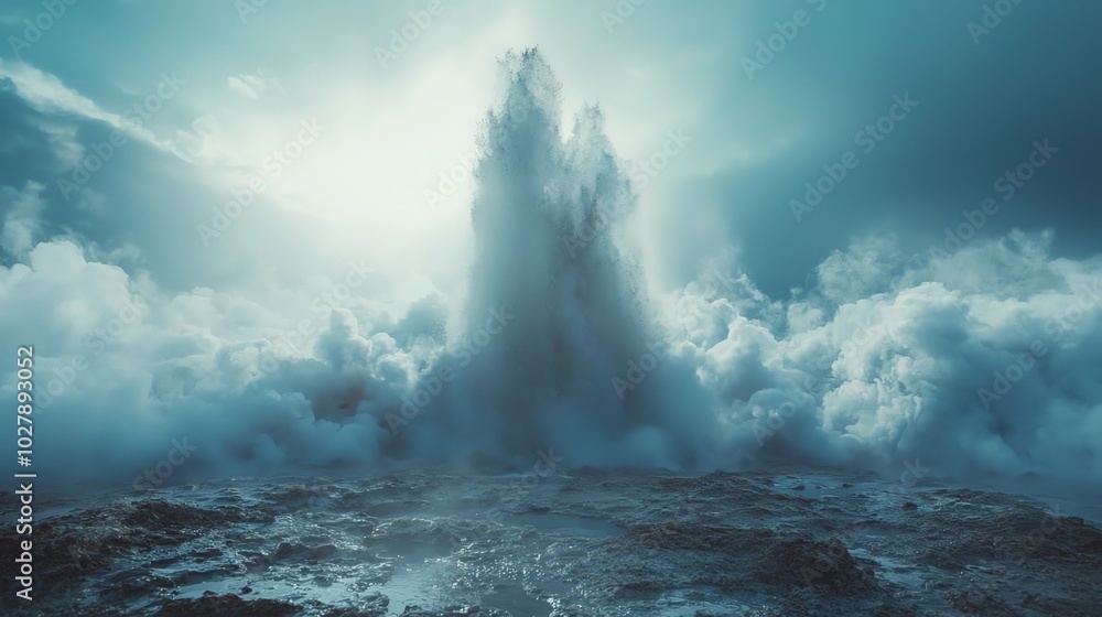 Fototapeta premium A breathtaking view of a powerful ocean wave crashing against rocks, creating a dramatic spray under a cloudy sky.
