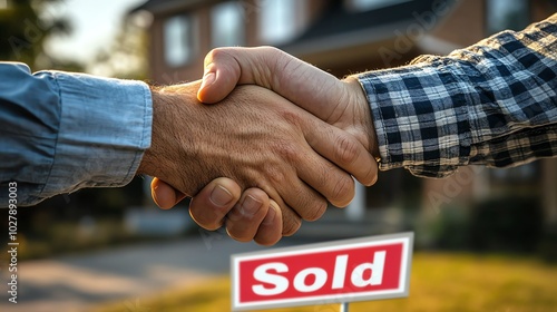 Handshake symbolizes successful home sale. A completed real estate transaction with a sold sign in the background.