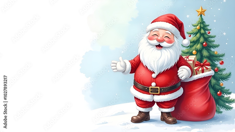 Obraz premium Santa Claus, Christmas tree and bag with gifts. Copy space. Banner.