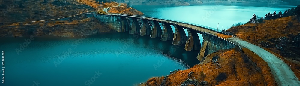 A stunning view of a bridge spanning a serene lake, surrounded by beautiful mountains and colorful landscapes.