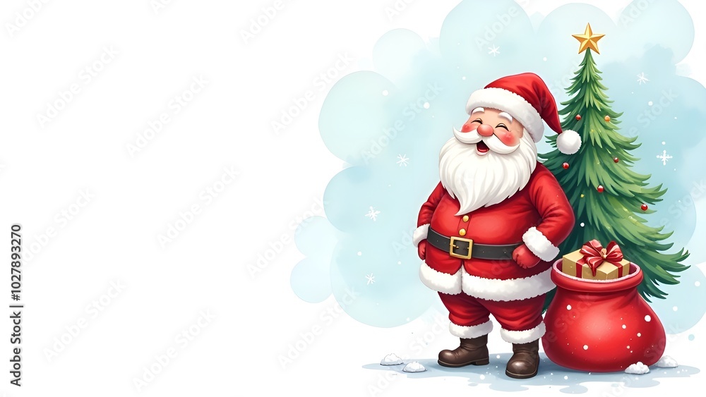 Santa Claus, Christmas tree and bag with gifts. Copy space. Banner. Santa Claus, Christmas tree and bag with gifts. Copy space. Banner.