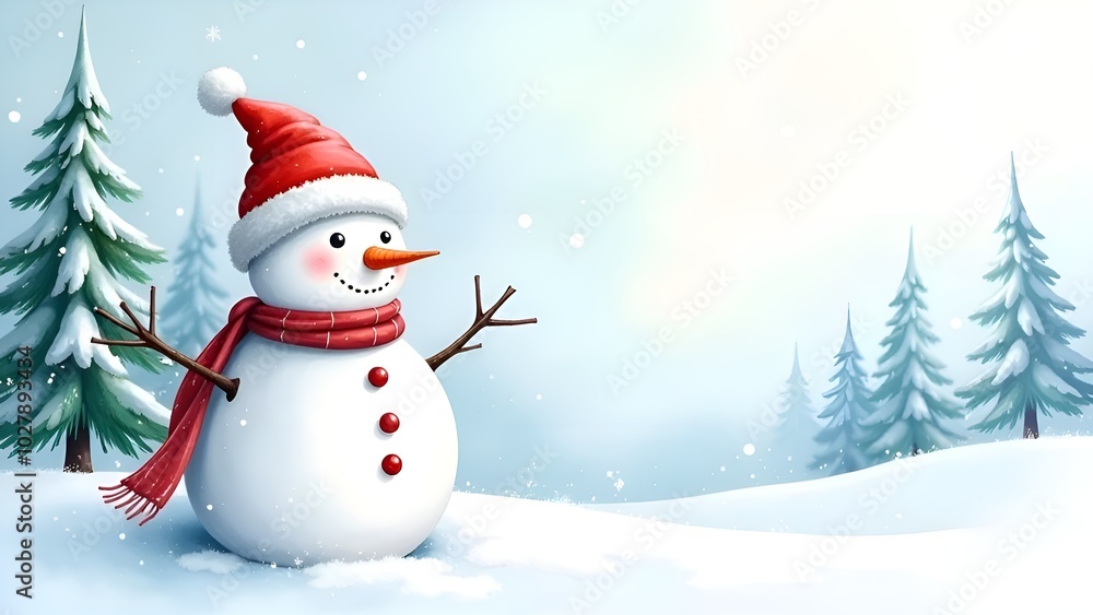 Snowman with red hat and scarf in a forest. Copy space. Snowman with red hat and scarf in a forest. Copy space.