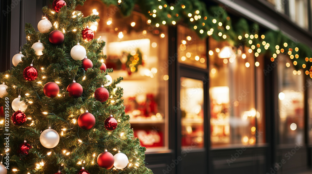 A large Christmas tree, covered in red and white ornaments, stands proudly outside a festive shop window. The shop is lit with a warm glow, showcasing various holiday items inside. A large Christmas tree, covered in red and white ornaments, stands proudly outside a festive shop window. The shop is lit with a warm glow, showcasing various holiday items inside.