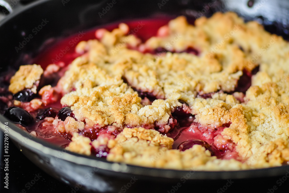 Cherry crumble in a skillet with golden crust Cherry crumble in a skillet with golden crust