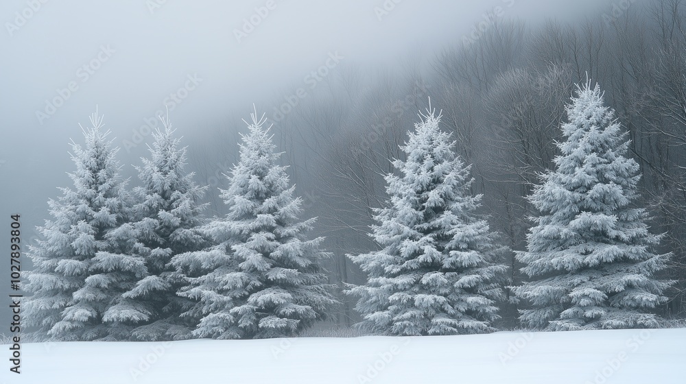 A serene winter landscape featuring snow-covered trees against a foggy background A serene winter landscape featuring snow-covered trees against a foggy background