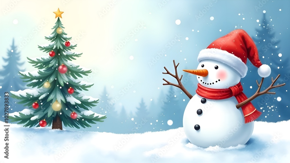 Obraz premium Snowman with Santa hat and Christmas tree. Banner. Copy space in the middle. Forest in the background.