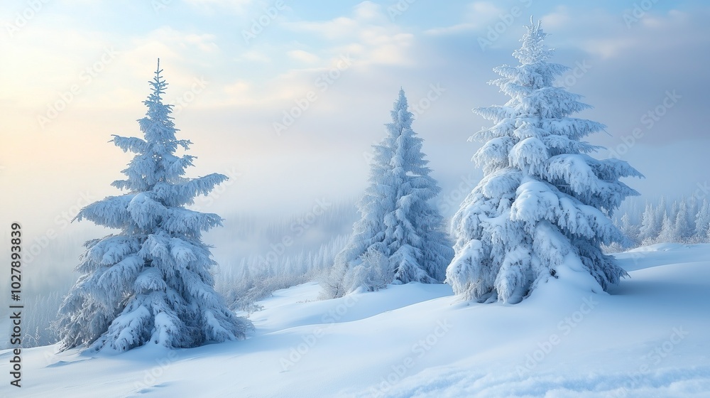 A serene winter landscape featuring snow-covered trees against a foggy background A serene winter landscape featuring snow-covered trees against a foggy background
