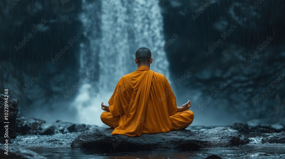 Buddhist monk meditating on rock in water with waterfall background Buddhist monk meditating on rock in water with waterfall background