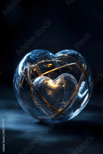Glass heart sculpture glowing within wrapped wire structure on dark background.