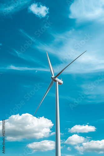 Wind turbine against blue sky generating green energy