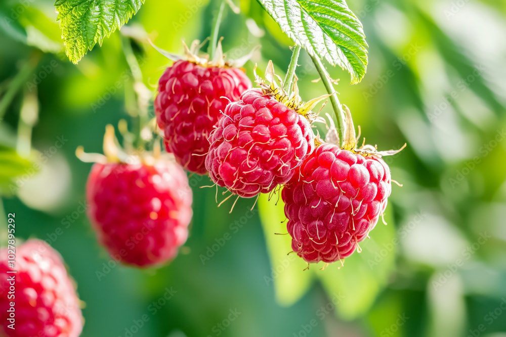 Ripe red raspberries nestled among green leaves on a branch Ripe red raspberries nestled among green leaves on a branch