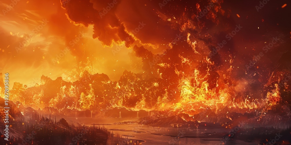 Fiery Mountain Landscape with Orange Sky and Flames. Fiery Mountain Landscape with Orange Sky and Flames.