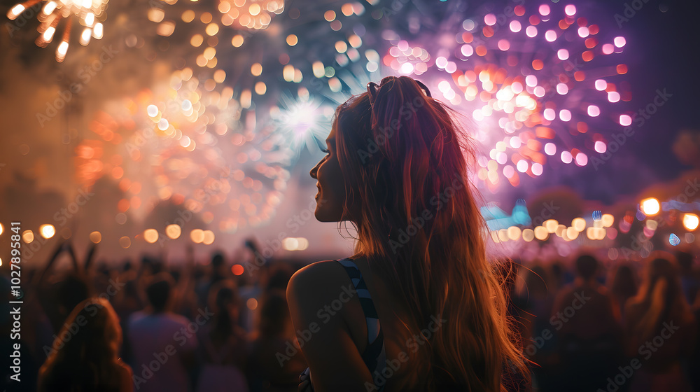 A woman is standing in front of a crowd in the city, watching magenta fireworks light up the sky. Its a fun holiday event filled with entertainment A woman is standing in front of a crowd in the city, watching magenta fireworks light up the sky. Its a fun holiday event filled with entertainment