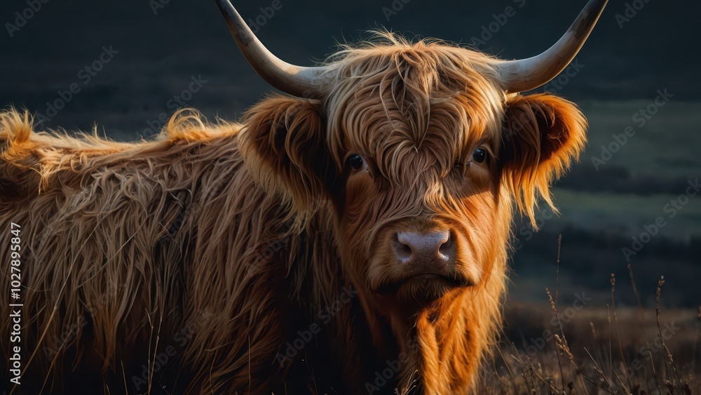 Scottish highland cow with long horns on a meadow. Scottish highland cow with long horns on a meadow.