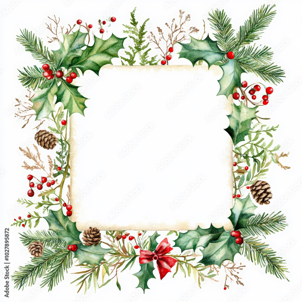 Fototapeta premium Christmas watercolor vintage square frame, isolated on white, holiday card design