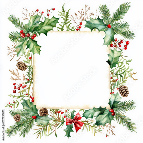 Christmas watercolor vintage square frame, isolated on white, holiday card design