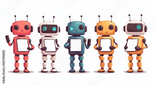 Five colorful robots holding blank signs, showcasing a friendly and playful design.