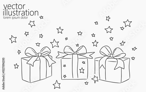  One continuous line art gift ribbon. Birthday present minimalist isolated sketch ink drawing. Celebration party surprise greeting card vector illustration