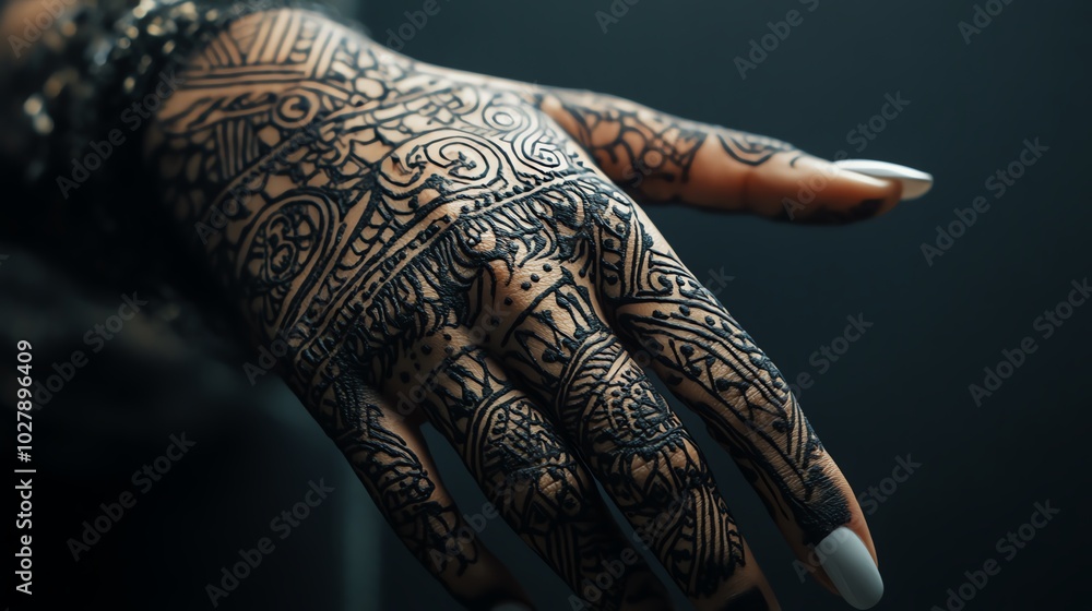 Obraz premium Intricate henna design adorns a hand, showcasing delicate artistry and cultural expression in rich detail.