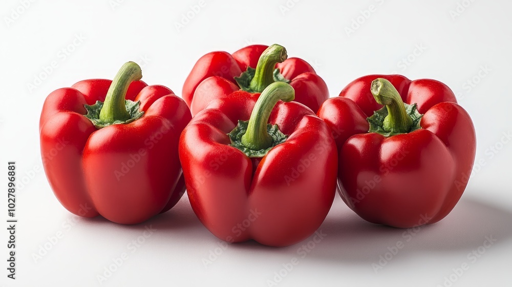 Four vibrant red bell peppers arranged neatly on a white surface. Four vibrant red bell peppers arranged neatly on a white surface.