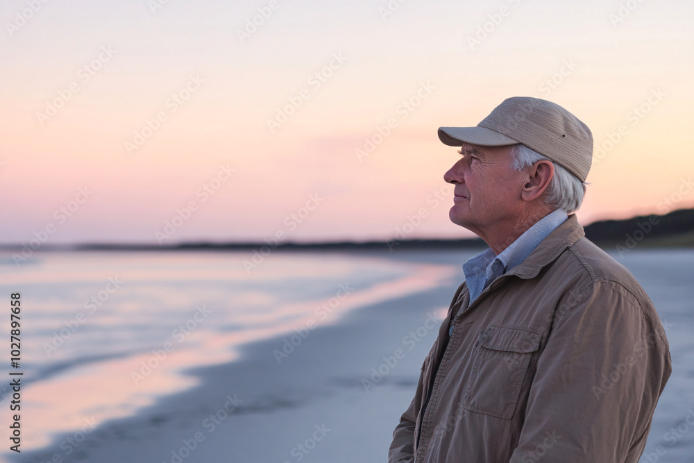An elderly man gazes at the ocean during sunset wearing a jacket and hat with a soft pink sky in the background creating a calm scene
An elderly man gazes at the ocean during sunset wearing a jacket and hat with a soft pink sky in the background creating a calm scene