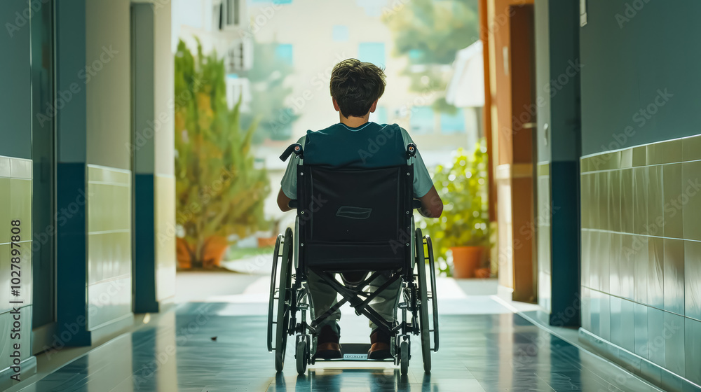 Man in a wheelchair is sitting in a hallway. The hallway is empty and the man is alone Man in a wheelchair is sitting in a hallway. The hallway is empty and the man is alone