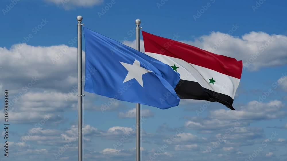 Syrian Arab Republic, Syria and Somalia flags flying together, video concept of the relationship, two country cooperation concept