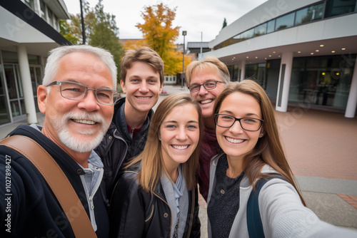 Portrait of a happy group of students taking a selfie on campus