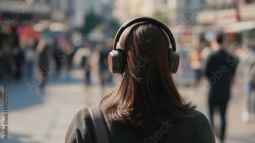 woman walking on the street with headphones on, blurry background