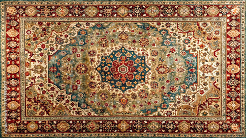 Texture old of traditional Persian carpet red turquoise pattern. Oriental rug with intricate pattern