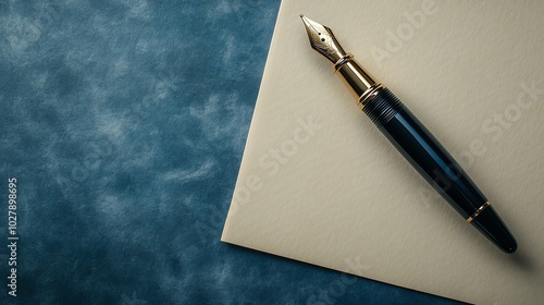 Elegant fountain pen placed on blank parchment paper, perfect for writing, journaling, or signing documents. Classic writing instrument.