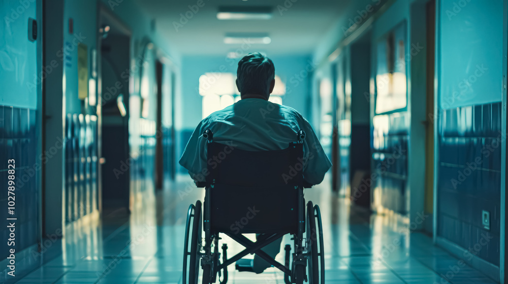 Man in a wheelchair is sitting in a hallway. The hallway is empty and the man is alone Man in a wheelchair is sitting in a hallway. The hallway is empty and the man is alone