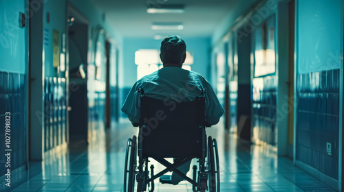 Man in a wheelchair is sitting in a hallway. The hallway is empty and the man is alone