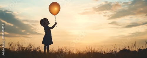 Silhouette of a child holding a balloon against a sunset sky, capturing a moment of innocence and wonder in a picturesque open field.
