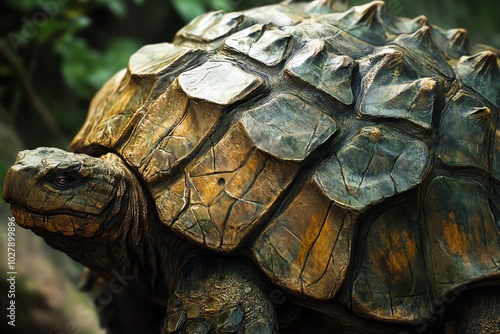 Close-up of a beautifully textured tortoise shell, highlighting the intricate details and patterns of its protective covering in natural light. photo