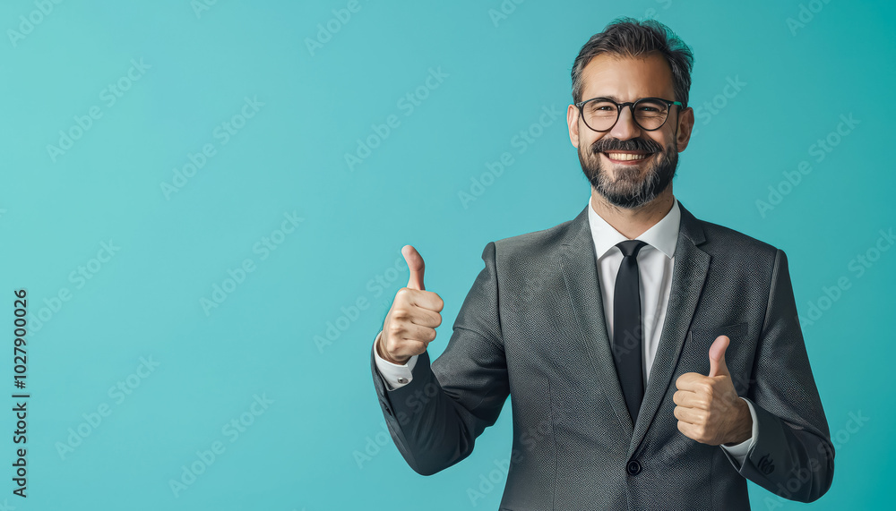 Man in a suit and tie is giving a thumbs up. The image has a positive and confident mood Man in a suit and tie is giving a thumbs up. The image has a positive and confident mood
