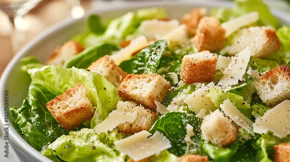 Fresh Caesar Salad with Crisp Lettuce, Croutons, and Parmesan Cheese Fresh Caesar Salad with Crisp Lettuce, Croutons, and Parmesan Cheese
