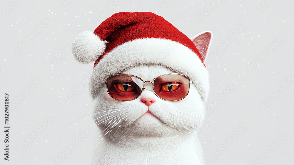 3d portrait face of cute white png adorable andry cat breed cute with big eyes features staring sunglasses realistic look real domestic pet face with Christmas clothes theme winter mood papa noel cap 3d portrait face of cute white png adorable andry cat breed cute with big eyes features staring sunglasses realistic look real domestic pet face with Christmas clothes theme winter mood papa noel cap