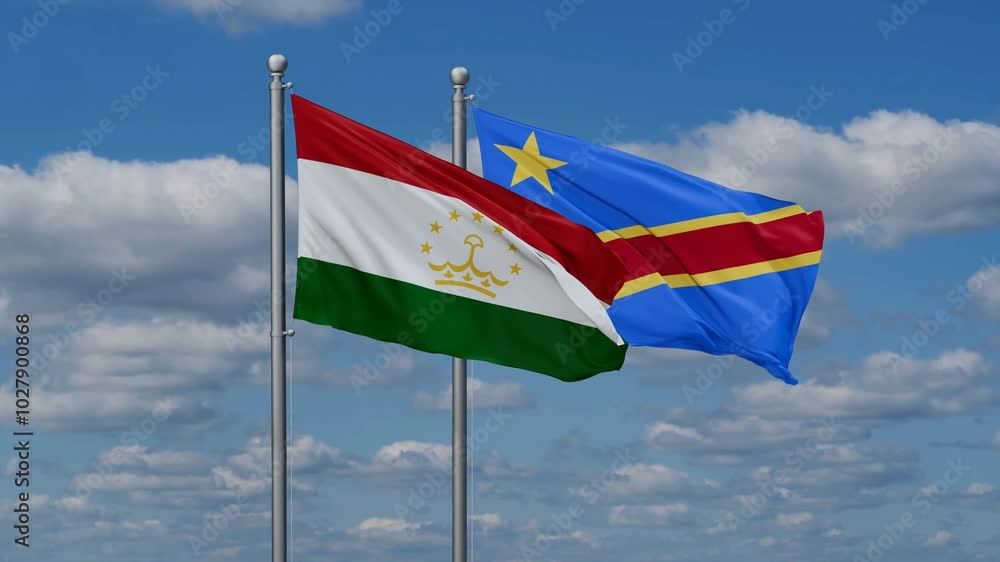 Democratic Republic of the Congo and Tajikistan flags flying together, video concept of the relationship, two country relations concept Democratic Republic of the Congo and Tajikistan flags flying together, video concept of the relationship, two country relations concept
