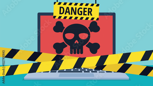 A laptop with a red screen shows a black skull and crossbones. Yellow and black caution tape crosses the laptop, with a "Danger" sign above, indicating a virus, malware, or cybersecurity threat.