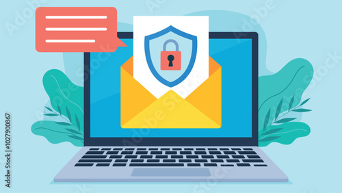 Vector graphic shows a laptop displaying an open email with a shield and padlock symbol, representing secure communication. A speech bubble appears next to it, while leaves decorate the background.